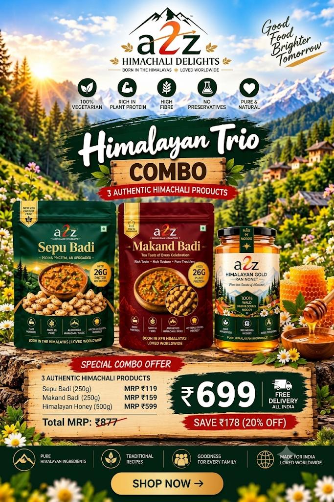 A2Z Himalayan Trio combo offer — Sepu Badi · Makand Badi · Himalayan Gold Honey, ₹699 instead of ₹877, free delivery across India.